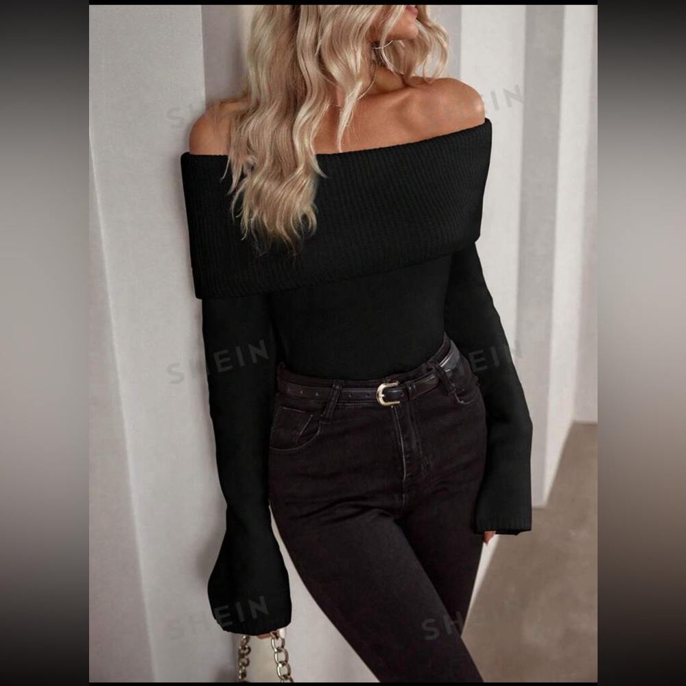 Off Shoulder Foldover Ribbed Knit Sweater - Picture 1 of 8